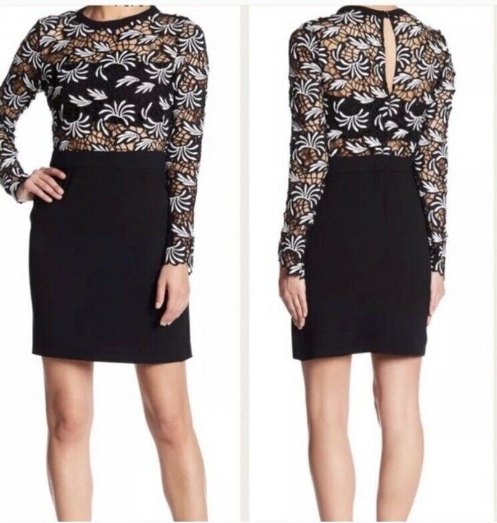 Cocktail Dress Romeo + Juliet Couture Women's Black White Lace Long Sleeves sz M